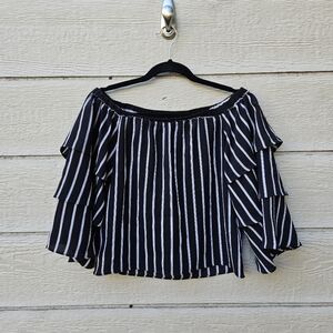 n/nicholas black and white striped off the shoulder top ruffle sleeve size 2
